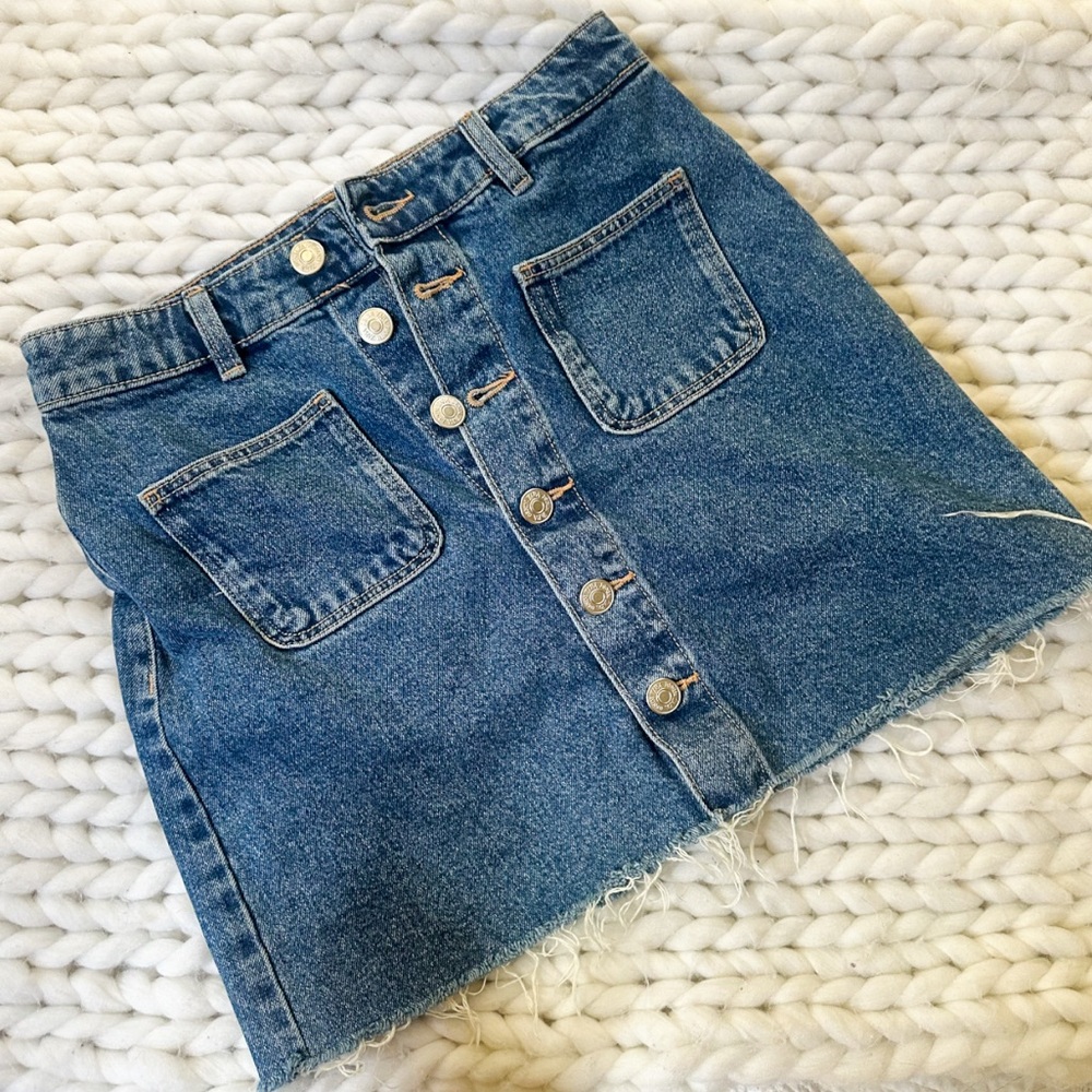 Zara Blue Denim Jean Button Front A-Line Mini Skirt size small
